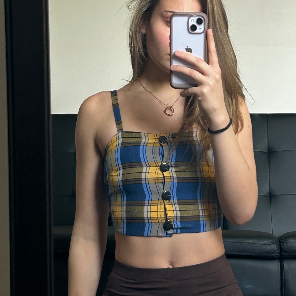 Checkered button crop top